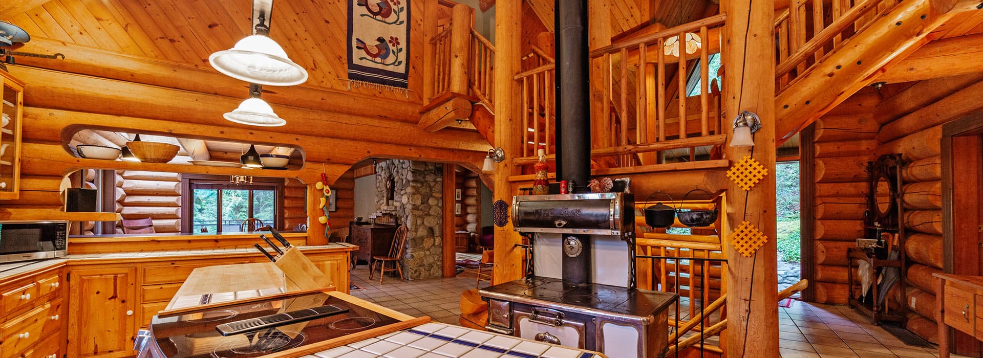 Interior of Full Scribe Log Home, BC Home Builder.