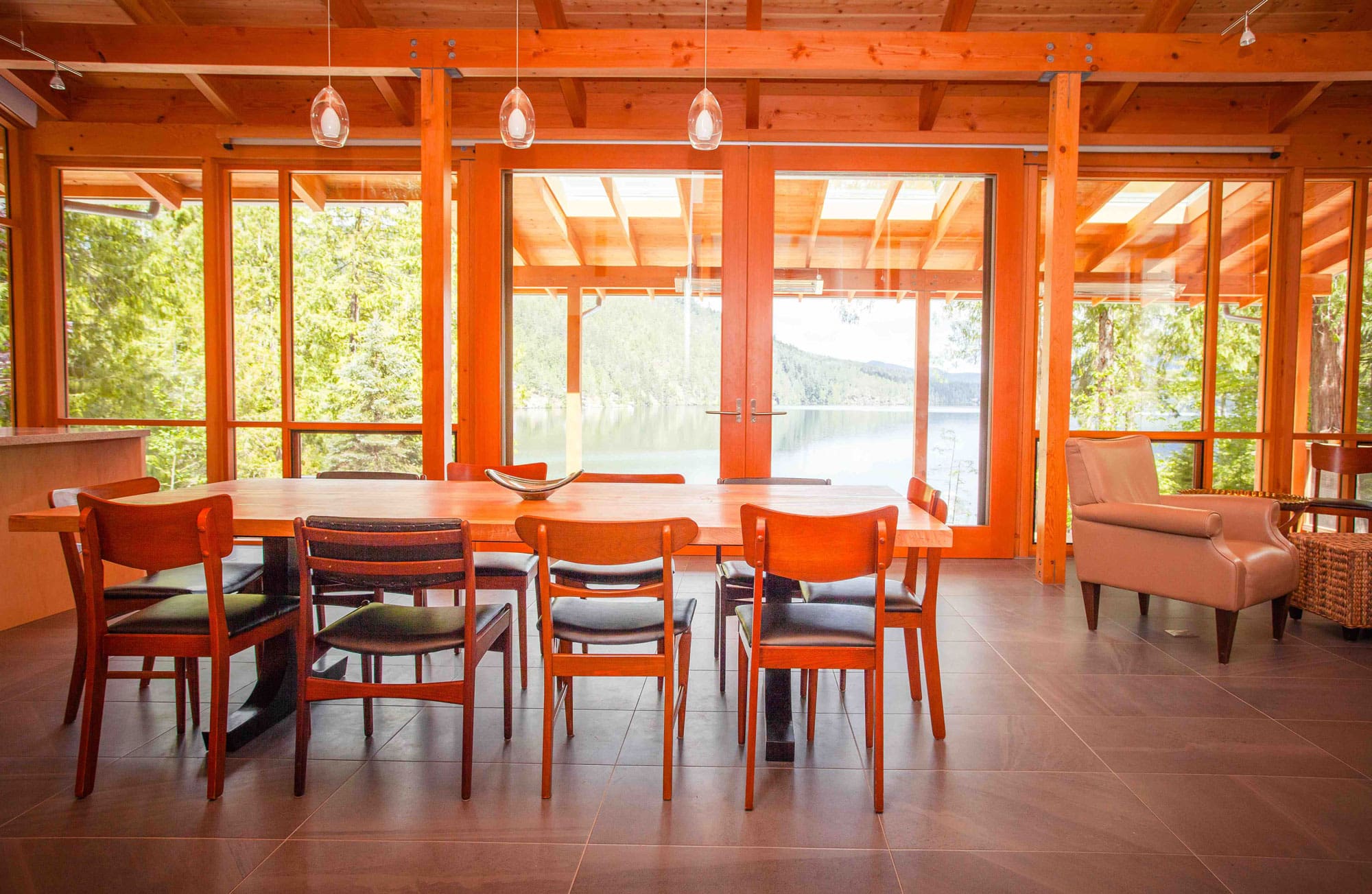 Interior view of timber frame log home.