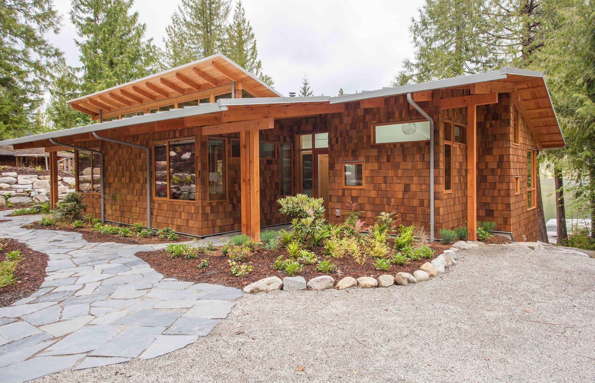 Exterior of Modern Timber Frame Log Home.