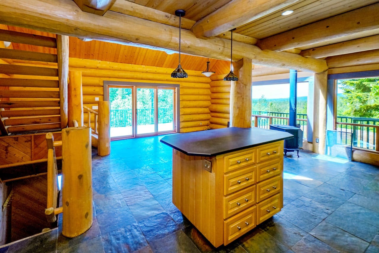 Interior of BC Home Builders Custom Full Scribe Log Home.