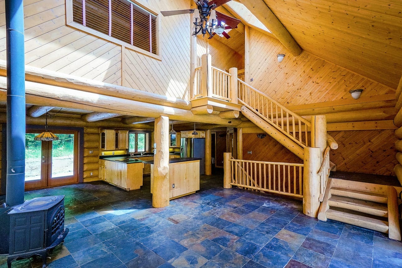 Interior of BC Home Builders Custom Full Scribe Log Home.