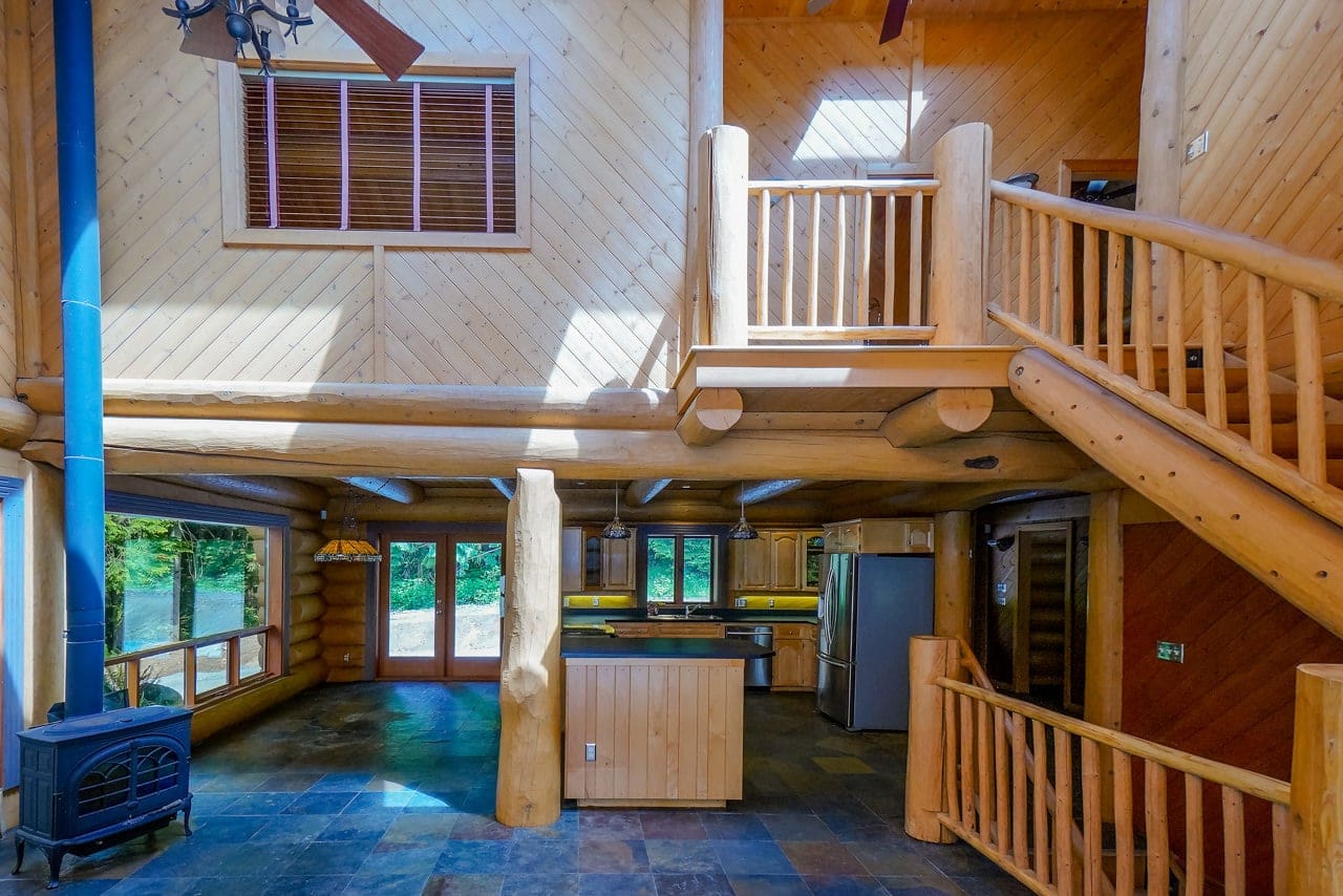 Interior of BC Home Builders Custom Full Scribe Log Home.