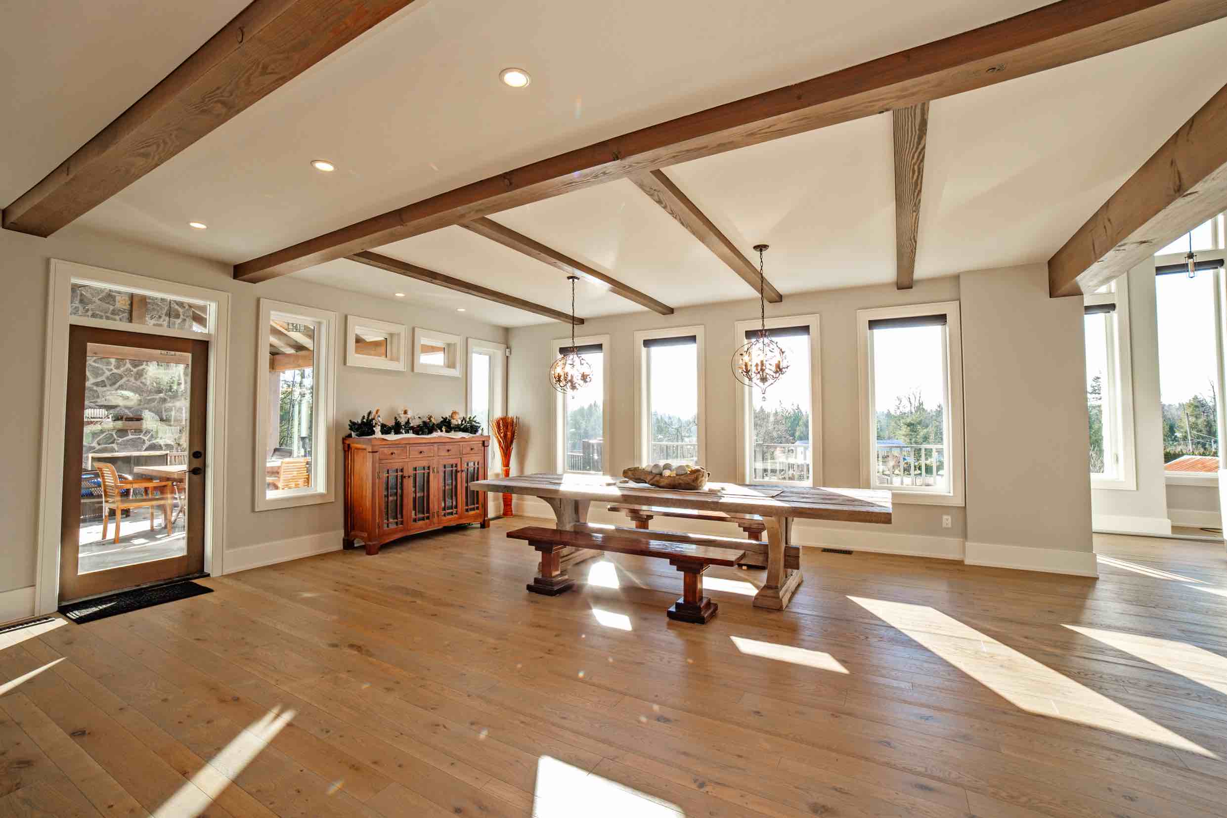 Dinning area in Custom Built Timber Frame Log Home.