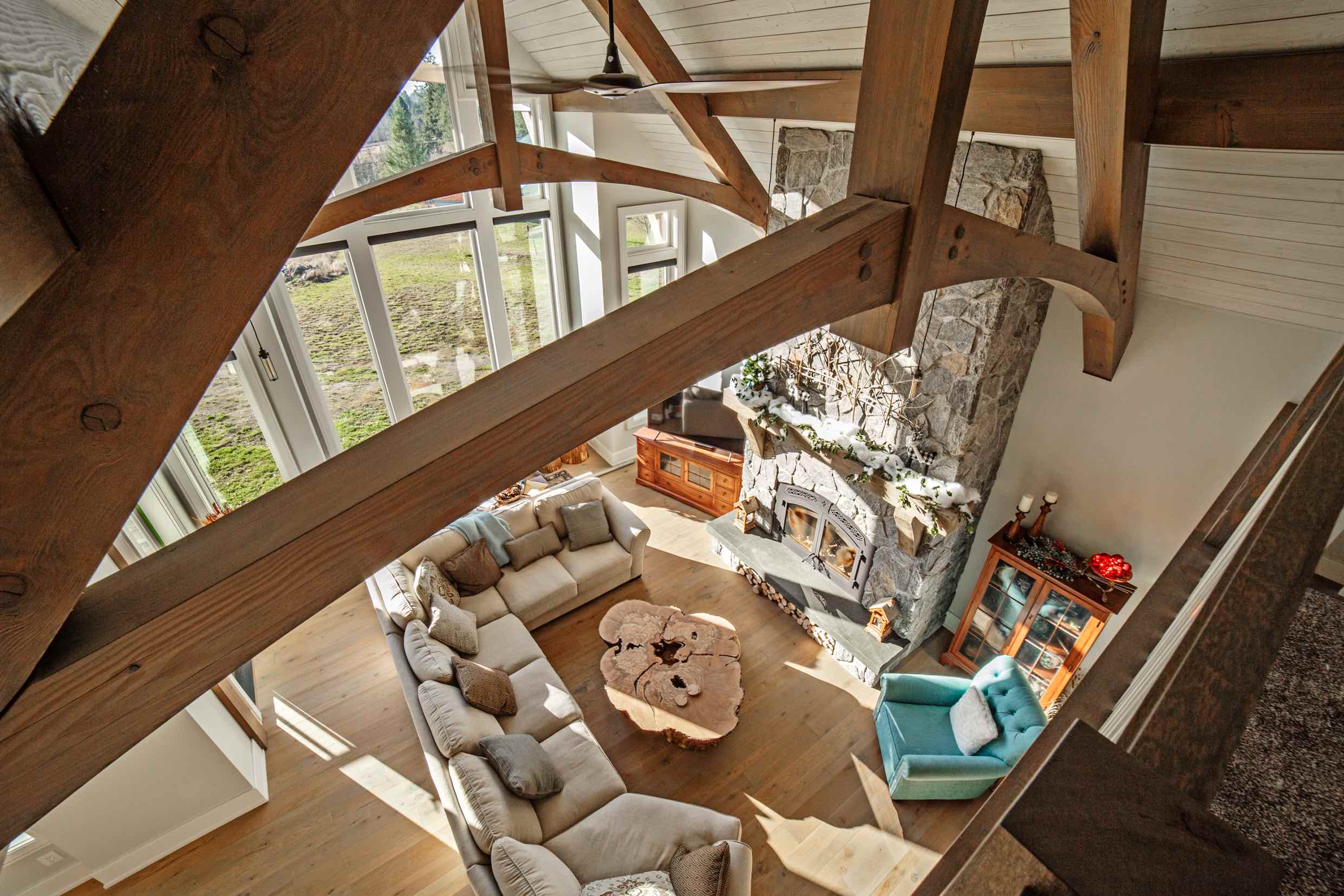 Timber accents in Custom Built Timber Frame Log Home.
