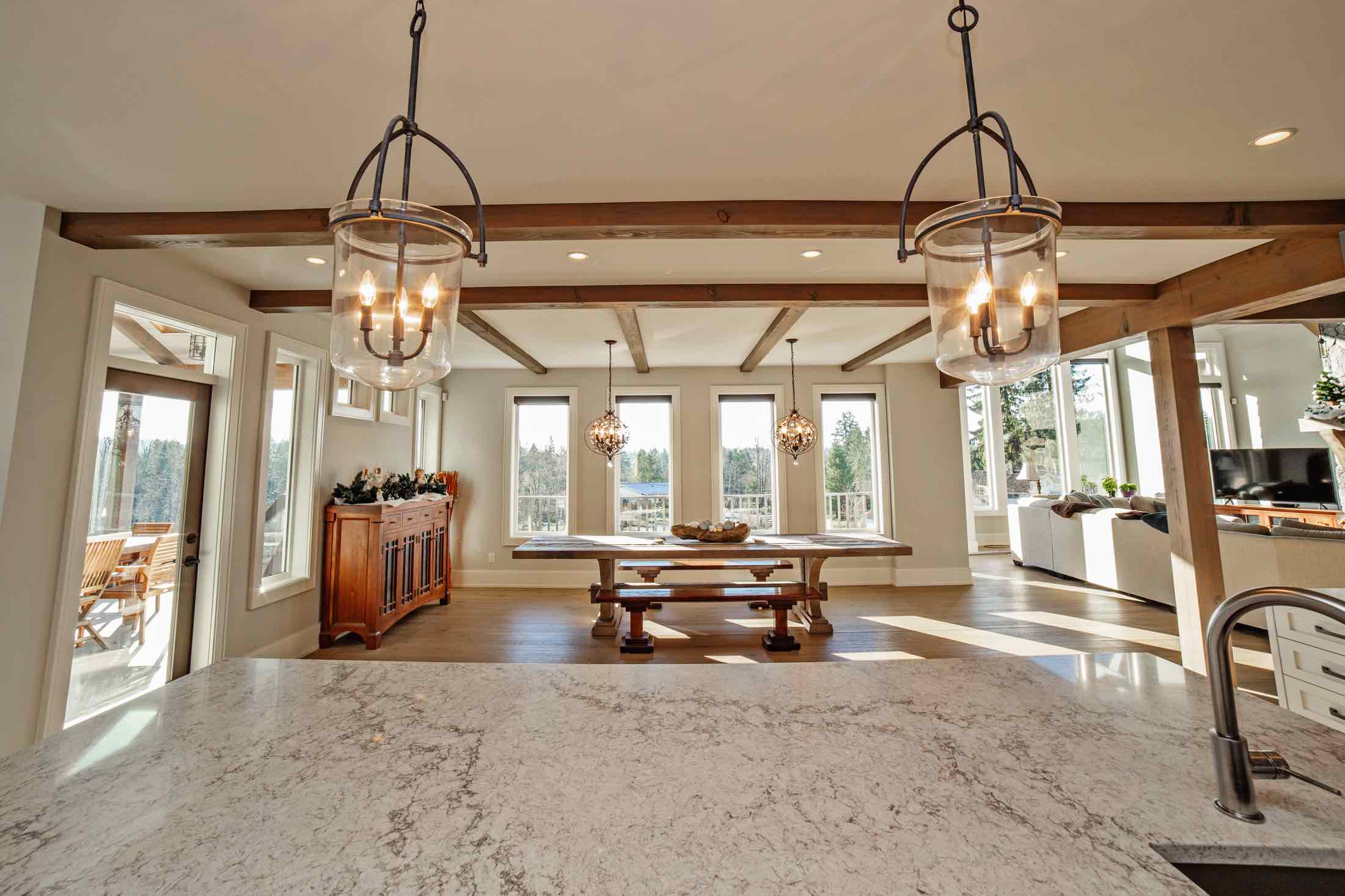 kitchen and dinning area of Living area of Timber Frame Home.