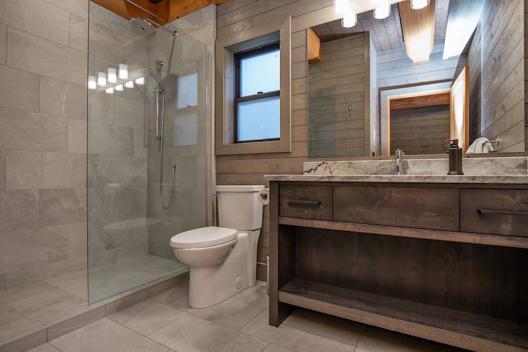 shower and vanity in sasquatch log cabin kit.