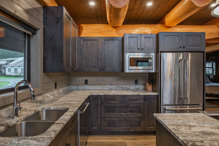 kitchen in custom built log cabin kit