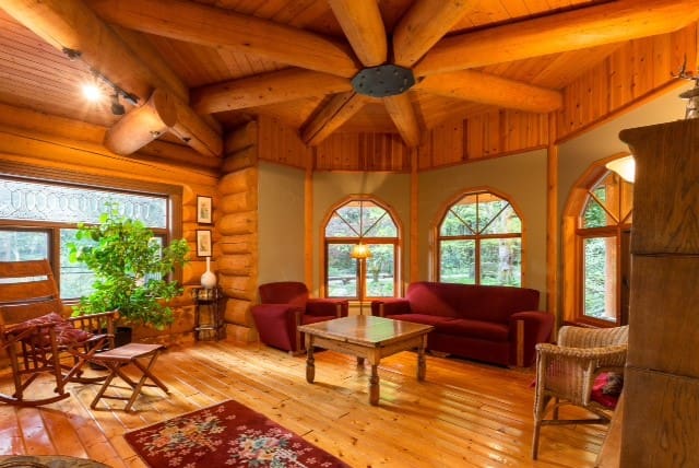 living room of BC Log Home Builders Log Home.