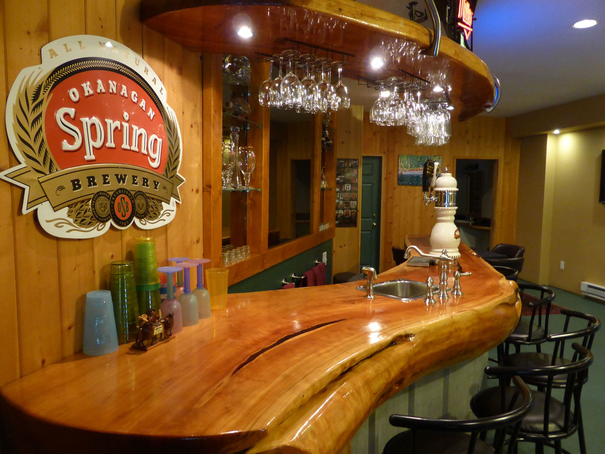 Log bar in custom built log home.