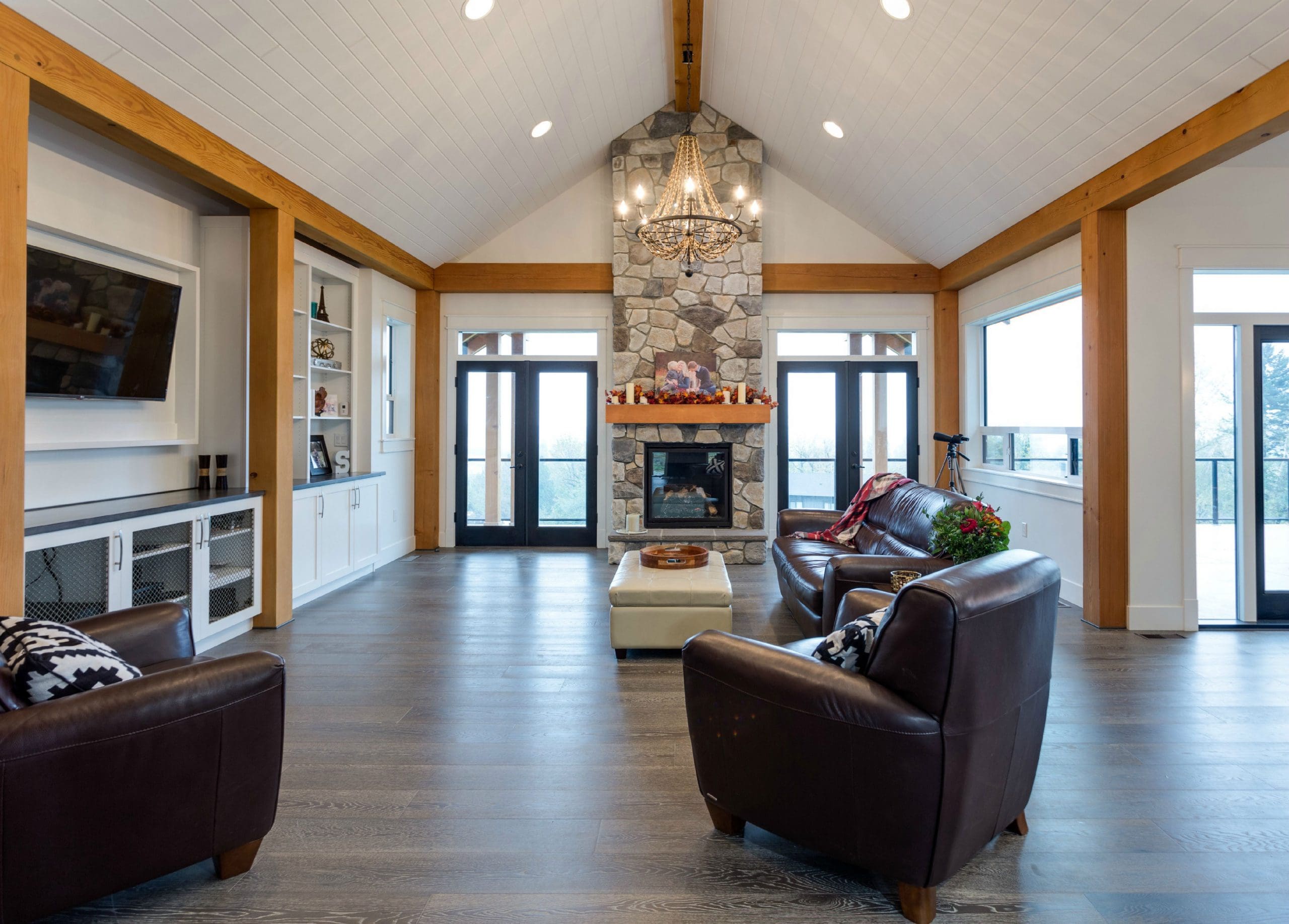 Living area view of BC Built Timber Frame Log Home.