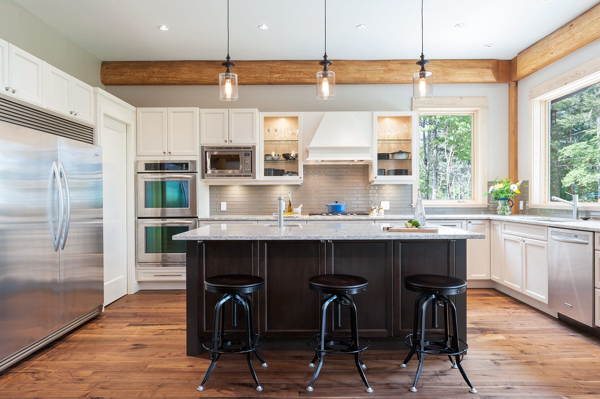 Kitchen in Custom built Post and Beam Log Home.