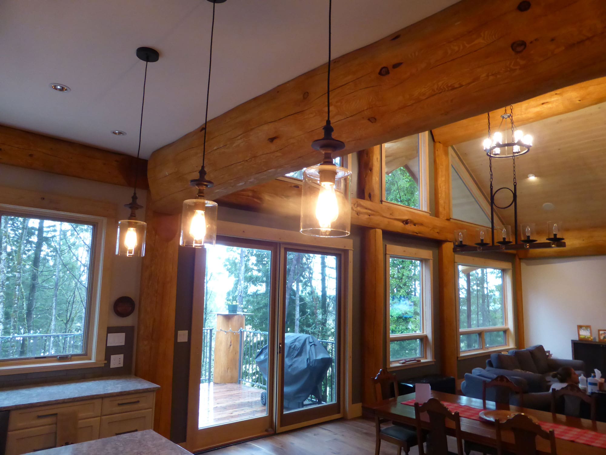 Living area view of BC Built Timber Frame Log Home.