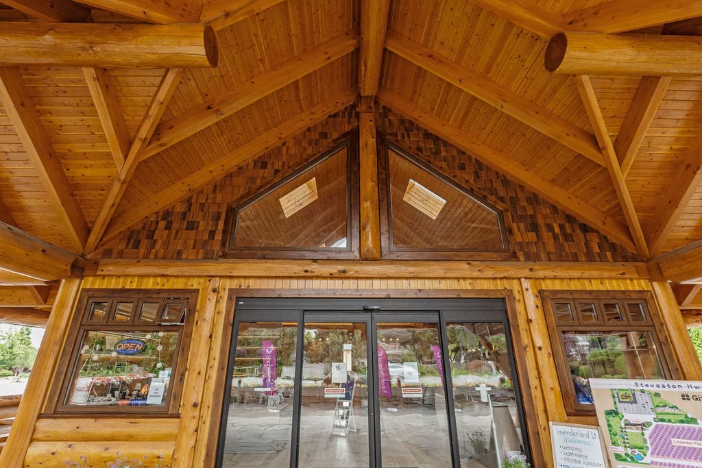 Ceiling structure of BC custom built timber framed post and beam log home.