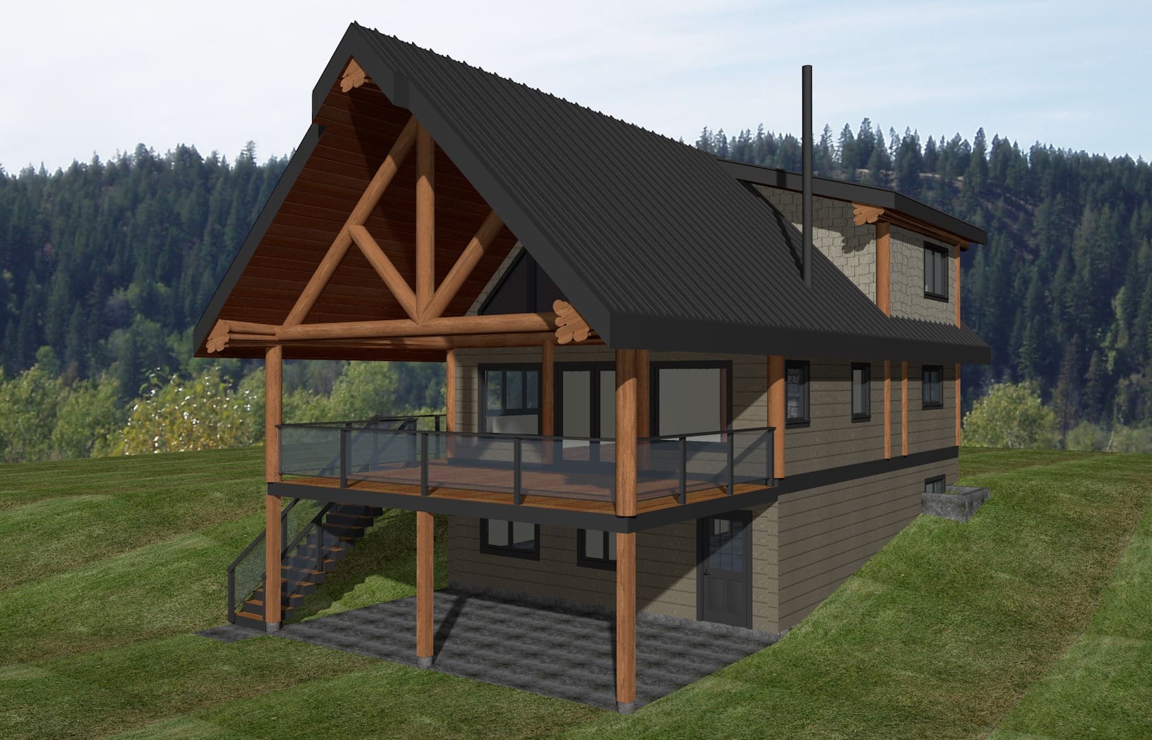 B.C Home builders custom cabin kit with covered deck.