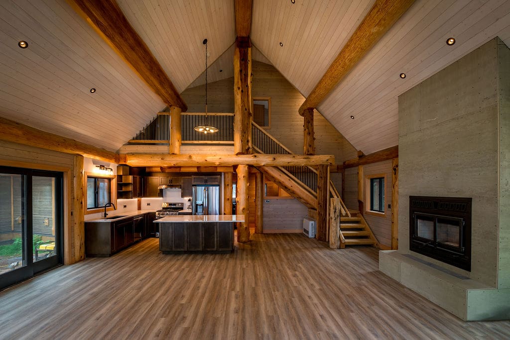 Living area of connect log Cabin Kits in custom built home